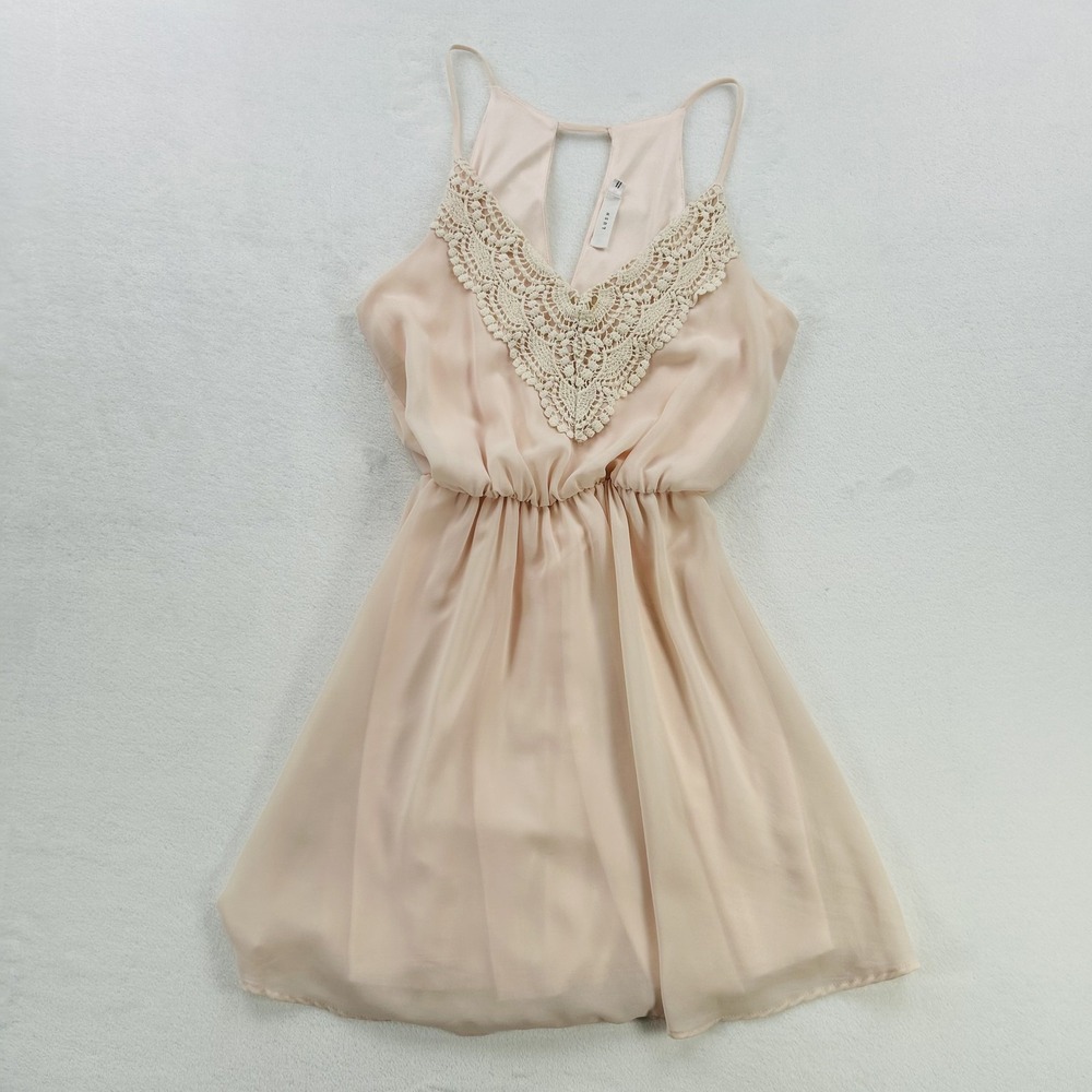 Lush Dress Womens XS Beige Crochet Lace Trim Sleeveless Boho Mini Keyhole Back
